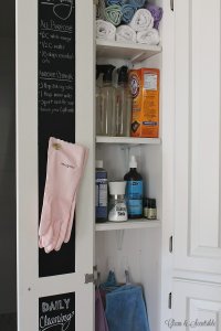 Love this organized cleaning closet - especially the chalkboard door for DIY green cleaning recipes!